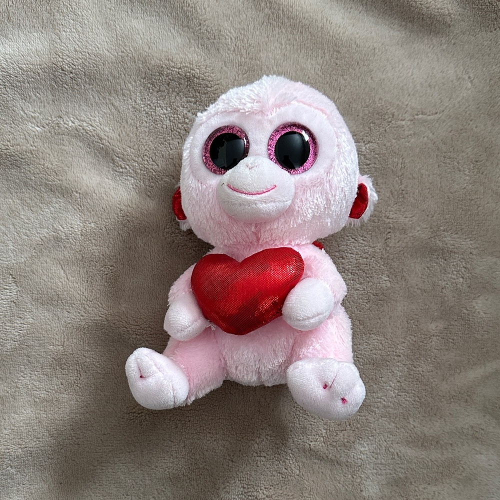 Ty Pink Monkey Holding Red Heart Plush